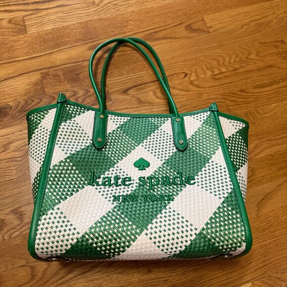 Kate Spade Ella Oversized Gingham Woven Straw Large Tote Bag, Green Bean‎ Wallet - Picture 3 of 6